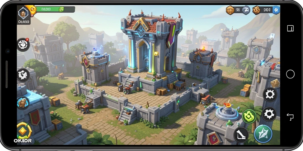 Tangkapan layar gameplay OKIDR menampilkan pertempuran menegangkan dalam Tower Defense.